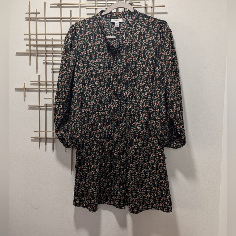 Black Ditsy Floral Pintuck Button Front Mini Shirt Dress Cottagecore Prairie 6
